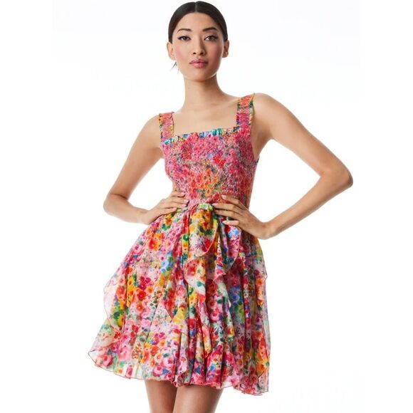 Alice + Olivia Jocelyn smocked Floral Mini Dress Multi 10 - Picture 1 of 5